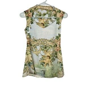 Y2K Michal Negrin Tank Top Green Blue Angels Floral Brocade Rhinestone V-neck S